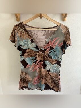 Liz in LA Y2K brown multicolor tropical print short sleeve top blouse size S
